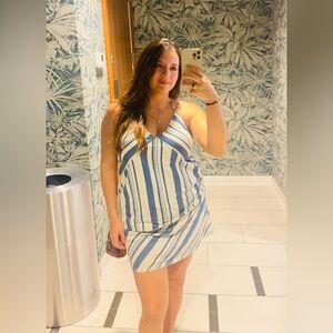 Blue and White Striped Sleeveless Top and skirt Set